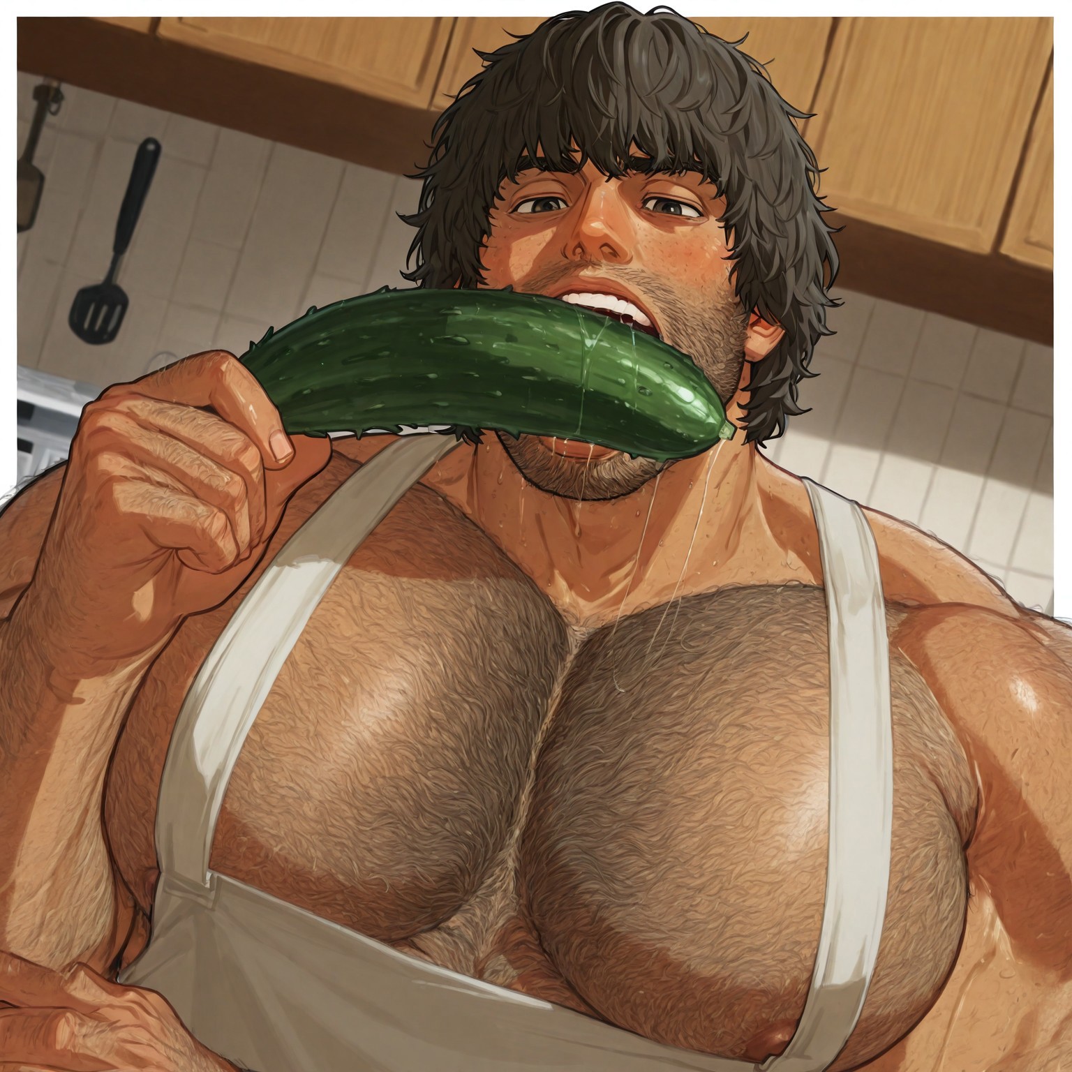 masterpiece, best quality, newest, absurdres, highres, white borders around characters, dim Light, dark soft light, apartment, kitchen, day, BREAK bara, muscular male, big chest, big pecs, muscle chest, plump, big shoulders , muscle shoulders, male focus, 1man, male focus,, hairy body, 1boy, bodybuilder, Carlos Oliveira  mouth, brown hair, short ragged curls , short hair, {{beefy}}, {{muscular}}, {{large}}, {{tall}}, body hair, teeth, shoulder angle, portrait, HD, detailed, detailed face, manly, virile,  very hairy, tan skin, very hairy body, very hairy, lips, thick eyebrows,  alone, HD face, tight small white apron, mouth open, dutch angle, focus on face, portrait, face close up, kitchen counter, performing oral sex to huge cucumber, sucking  huge cucumber, looking at camera, huge cucumber in mouth, lips, open mouth, ampit up, saliva, saliva string, facial focus, huge cucumber on hand, close up