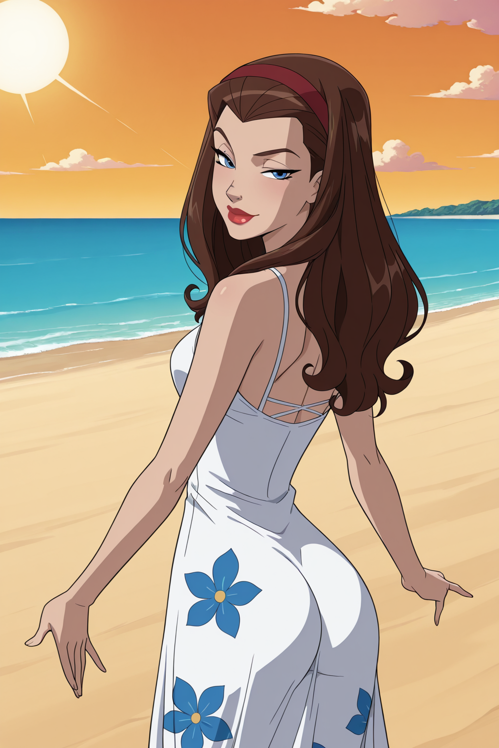 (((parody, animification, anime coloring)), perfect anatomy, perfect eyes, cowboy shot, from behind) BREAK  <lora:ScarletWitchIL:1> wanda, long hair, brown hair, blue eyes, lipstick, red lips, sultry eyes, naughty face, half-closed eyes, flirty, ((looking back at viewer)), hairband, silk, floral pattern, sun dress, white dress, sultry pose, teasing viewer, modeling pose, head down, arched back, sticking ass out, outstretched hand, exotic beach, outdoors