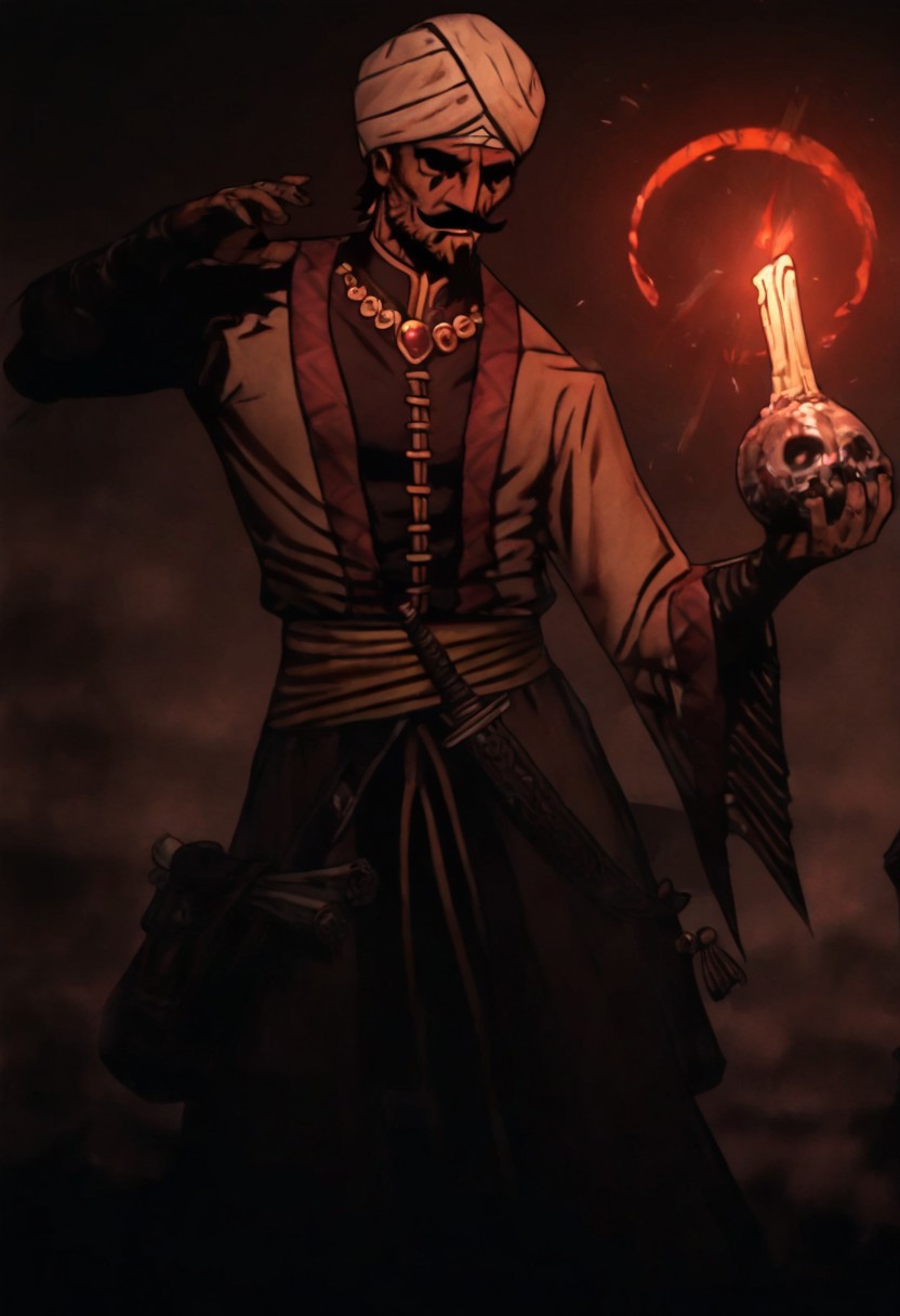 masterpiece, best quality, newest, absurdres, highres, anime, anime style, DDOCC-V1.1, turban, headgear, facial hair, mustache, short hair, beard, arabian, arabian male, black eyes, shaded eyes,