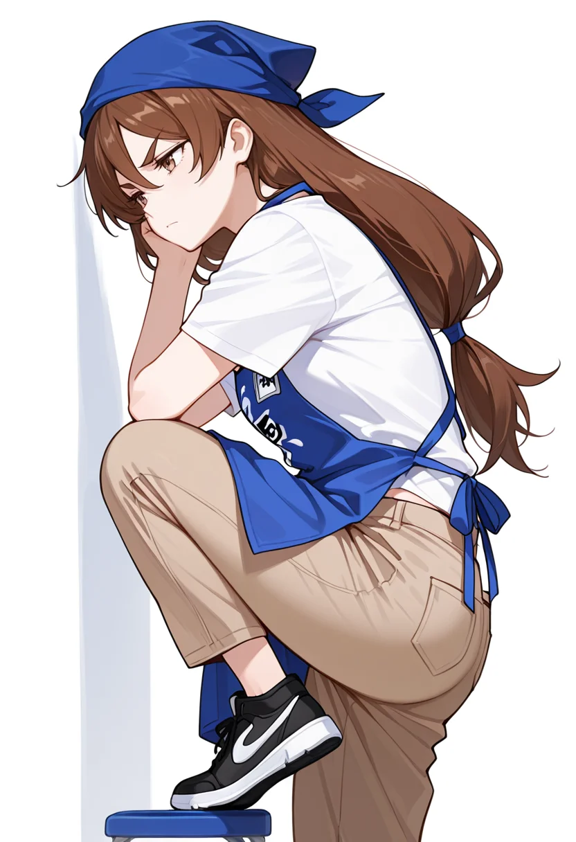 masterpiece,high quality details, absurdres,
<lora:Natsuno_Yamada:0.8>
natsuno_cnr, 1girl, brown hair, long hair, hair between eyes, brown eyes, thick eyebrows,low-tied long hair,
employee uniform, white shirt, short sleeves,blue apron,brown pants, blue headwear,black sneakers, clothes writing,, simple background, white background, from side,solo,, depressed,angry,, one foot up,neutral expression,serious,