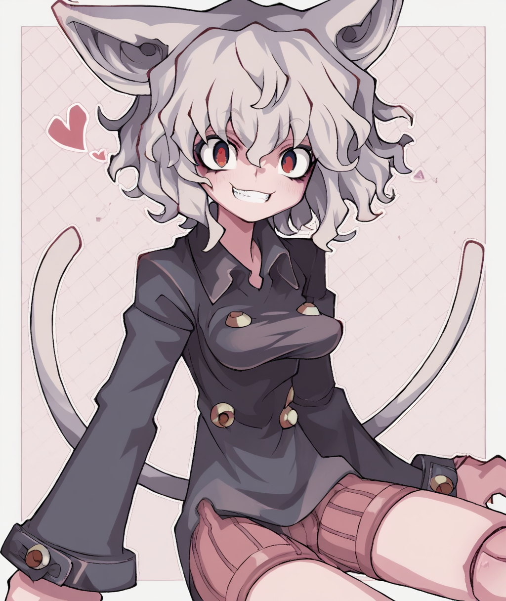 score_9, score_8_up. score_7_up,<lora:michael_jadeite:1>,michael_jadeite,
 neferpitou , score_9, michael_jadeite, animal ears, cat tail, smile, doll joints, looking at viewer, 1other, long sleeves, shorts, medium breasts, other focus, short hair, red eyes, grin, heart, 1girl, sitting, grey hair, shirt, cat girl