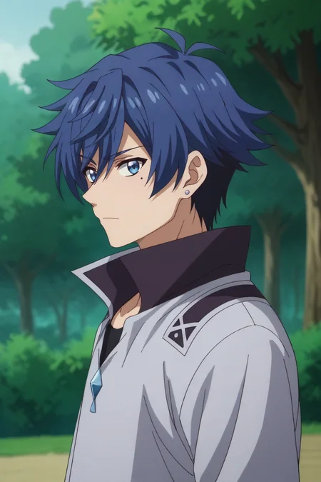score_9, score_8_up, score_7_up,source_anime,BREAK, rating_safe, intricate details , , , anime screencap, anime coloring, official style, depth of field,1boy, solo, male focus , , , <lora:allen:0.75>, allen westfelt,blue hair,blue eyes,spiky hair,short hair,mole,upper body,jewelry,earrings,cropped shirt,collarbone,high collar,closed mouth,looking at viewer,outdoors,from side , , ,<lora:sdxl_lightning_8step_lora_315544:1>