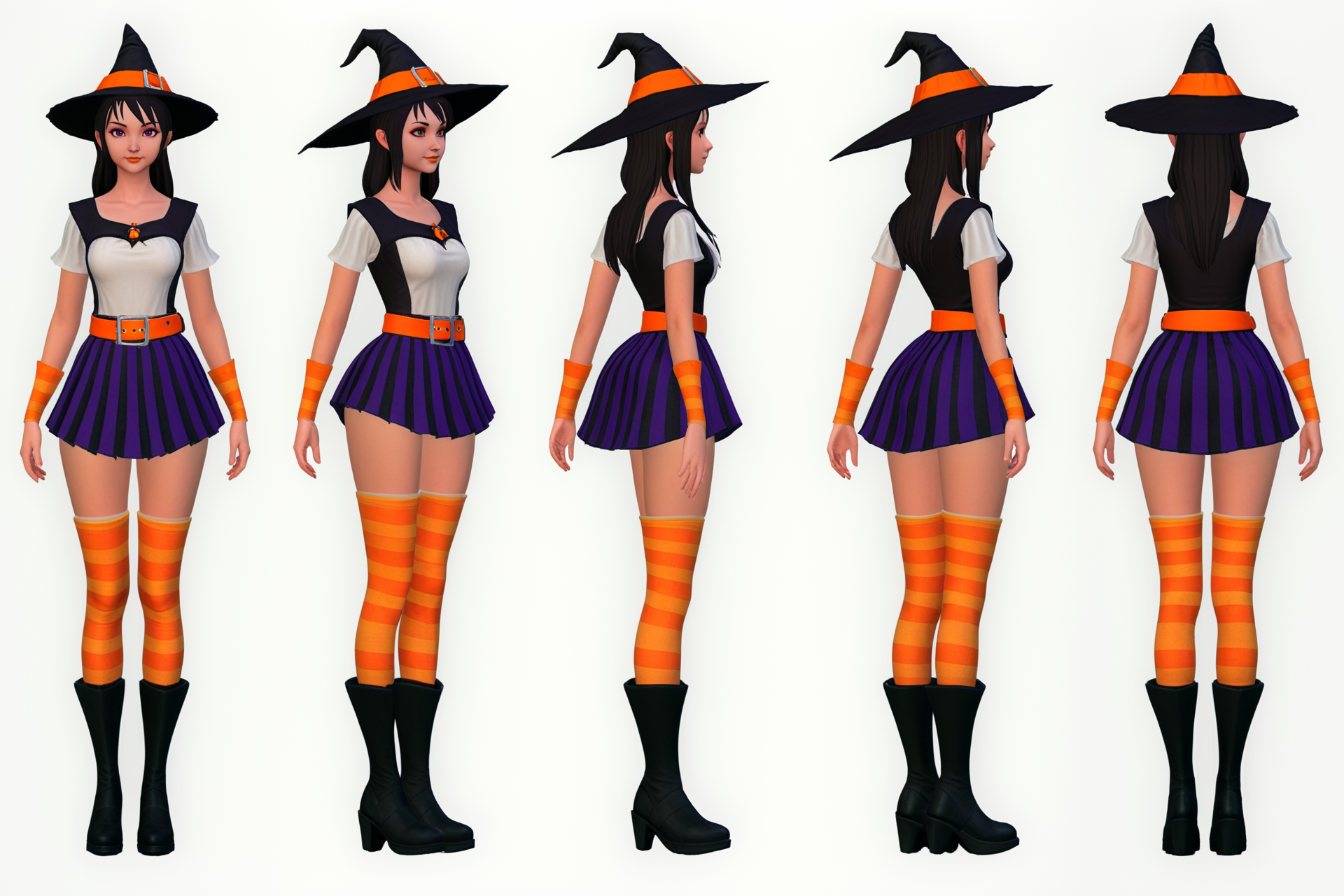 (VIEWS:0),  full body character turnaround of 1girl, Multiple views of the same character in the same outfit,  simple background, white background,
(theme:0),  medieval, fantasy, Dungeon And Dragon,
(rank:0),witch costume, female character, Halloween, cosplay, pumpkin hat, black witch hat, fantasy character, orange skirt, purple accents, striped stockings, black boots, belt details, buckle, bat wings, intricate design, outfit details, seasonal attire, witch attire, costume design, magical, mystical, fantasy theme,
<lora:bg3TurnXL_v1_pony:0.1>
<lora:Witcher3turn_v1_Pony:0.1>
<lora:medieval2turn_v1_Pony:0.1>
<lora:CharTurnXL_v4_Pony:0.1>
<lora:bg3TurnXL_v1:0.1>
<lora:Witcher3TurnXL_v1:0.1>
<lora:Medieval2TurnXL_v1:0.1>
<lora:CharTurnXLRetag_v4:0.6>