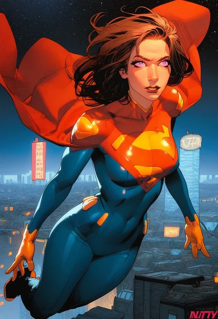 score_9, score_8_up, score_7_up, masterpiece, high quality, ultra detailed, absurdres, Expressiveh, negative_hand, g0thicPXL, neon BREAK 1girl, solo, 18 year old girl, youthful face, slim figure, hourglass figure, medium boobs, SuperLois, brown hair, purple eyes, blue bodysuit, red cape, superman logo, yellow gloves BREAK late night, neon city, flying, flying over city, seductive
