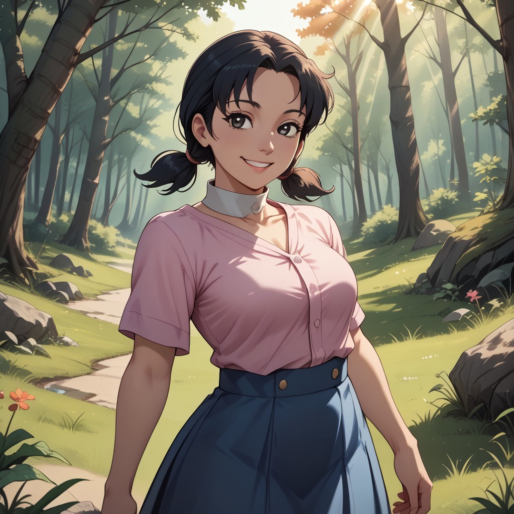 score_9, score_8, BREAK, girl, minamoto shizuka, black hair, low twintails, short twintails, black eyes, white pupil, pink shirt, white collar, blue skirt, white kneehighs, pink shoes, adult female, mature female, breasts, sexy pose, self portrait, smile, outdoors, sunlight, shadows, evening lighting, natural lighting, forest, trees, grass, orange sky, sunset