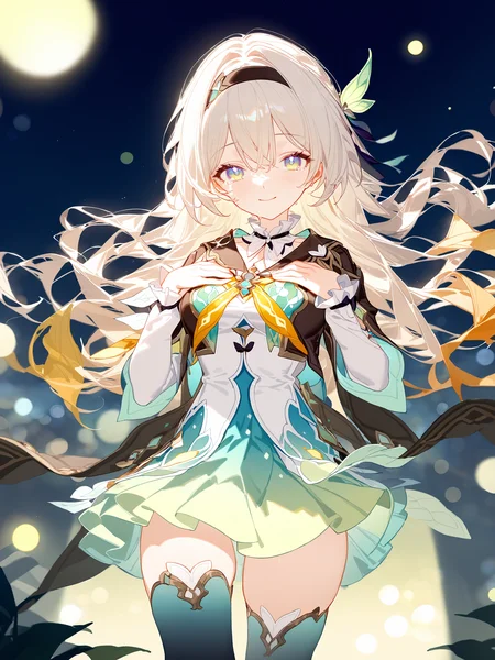illustration, incredibly absurdres, ultra detailed, masterpiece, best quality, perfect features, intricate details, ray tracing, very aesthetic, (hitenkei, askzy:0.4), <lora:XL-aesthetic_anime:1:hr=0.1>, <lora:XL-detailed_notrigger:1:hr=0.5>, <lora:Char-HonkaiSR-Firefly-V4-SDXL:0.9>, 1girl, firefly \(honkai: star rail\), solo, gradient thighhighs, hairband, gradient skirt, feather hair ornament, frilled shirt, frilled collar, cropped jacket, yellow neckerchief, cowboy shot, standing, smile, floating hair, depth of field, hands on own chest, crying with eyes open, bokeh, fireflies, night