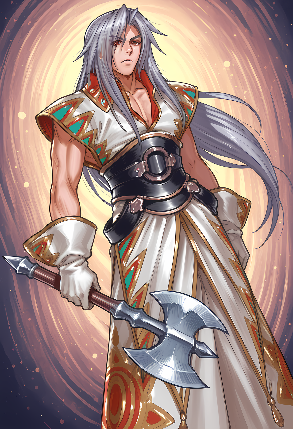 masterpiece, best quality, amazing quality, dutch angle, abstract background, BREAK
solo, 1boy, male focus, cc_karsh, grey hair, long hair, red eyes, armor, holding axe, axe, BREAK
<lora:cfg_scale_boost:.6> <lora:Karsh_-_Chrono_Cross_-_ILXL:1>