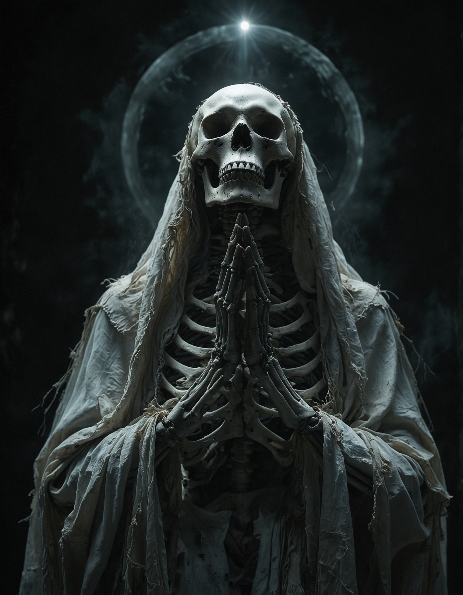 centered, haunting and evocative image of a skeletal figure in a reverent prayerful pose, the skeleton is draped in tattered flowing robes, with bony hands clasped together in supplication, The skull is tilted upwards, and a faint glowing halo encircles its head, a surreal and spiritual element, The background is stark and dark, high contrast the white bones and the ethereal glow of the halo, hope of light, atmosphere is dark and eerie, contemplative, otherworldly, themes of mortality, spirituality, the macabre, <lora:MJ52:0.4>, <lora:add-detail-xl:1>, <lora:- SDXL - vanta-black_contrast_V3.0:0.3>
