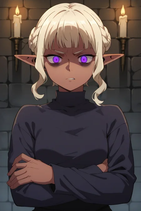 score_9, score_8_up, score_7_up, source_anime, 1girl, prefect lighting, very aesthetic, intricate details, highly detailed background, masterpiece, high quality, prefect hands, best quality, solo,
<lora:Thistle_Dungeon_Meshi_V1_r2-000007:.85>, pointy ears, light red skin, dark-skinned female, dark skin, purple eyes, cream hair, blunt bangs, sidelocks, braid, hair bun, bags under eyes, glowing eyes,
long sleeve, black poncho,
tired, standing, crossed arms, from front, POV, disgust, looking down, clinch teeth,
dungeon, stone wall, dark, candles, dimly lit,
(Beautiful, small Breasts:1.2), natural breasts,