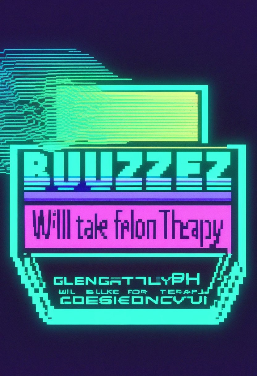 p1x3lt3xt, (poker card box:1.3), (text: "Will take buzz for generation therapy":1.5), (pixelated teletext style:1.4), (retro 1980s theme:1.2), (vaporwave colors:1.3), (purples, teal, and blue:1.2), (nostalgic atmosphere:1.1), (glitch effects:1.2), (high contrast:1.1), (digital art:1.2), vibrant and surreal