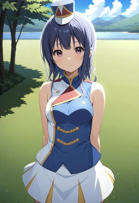 1girl,<lora:mizore_xl_animagine_8dim:0.7>,yoroizuka mizore,outdoors,small breasts,medium breasts,<lora:sunfes_xl:1.3:lbw=0,0,0,0,0,0,0,0,0.0,0,0,0,0,0,1,1,1.,0,0,0,0,0,0,0,0,0>,sunfes,band uniform,mini shako cap,sleeveless,
rating: general,
masterpiece,best quality,