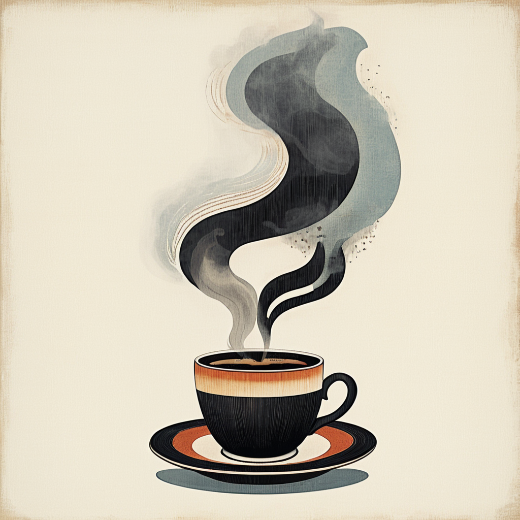 <lora:Modern_Ukiyo-e_illustrationSDXL:1>  Modern Ukiyo-e illustration, The image shows a cup of coffee with steam rising from it sitting on a saucer. The cup is filled with a steaming hot beverage likely coffee and the steam is rising from the cup giving off a pleasant aroma., cup, solo, coffee, teacup, saucer, steam, no lineart, no humans, fire, holding