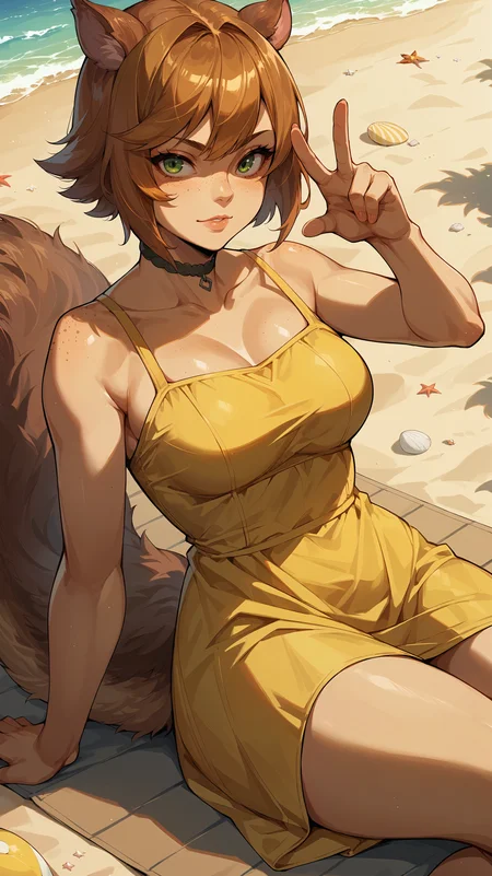 score_9,score_8_up,score_7_up,score_6_up, <lora:xl_more_art-full_v1:0.5>, source_anime, girl, dynamic pose, finger gun, <lora:Squirrel Girl - Pony:0.8>, squirrel girl, short hair, brown hair, green eyes, animal ears, squirrel ears, squirrel tail, freckles, choker, yellow sundress, beach, reclining,