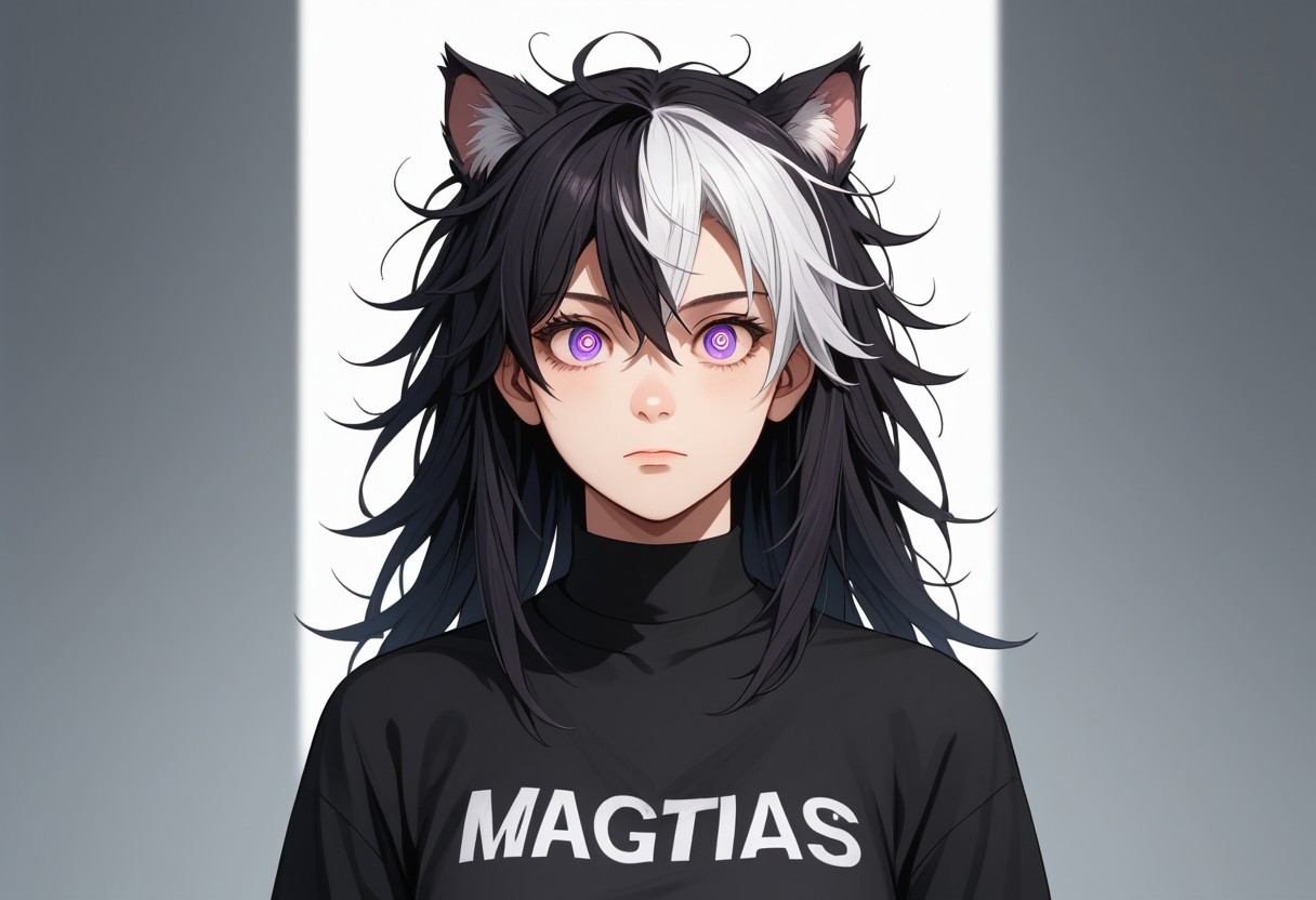 (score_9), (score_8_up), (score_7_up), (score_6_up), (score_5_up), (score_4_up), (masterpiece), (best quality), source_anime+, BREAK, ((1girl, Foxgirl, Black Fox Ears, Black Fox Tail)), (((Long Hair, Messy Hair, Black Hair, Two-Tone Black Hair, Left White Hair Highlight)), ((Purple Eyes, Almond-Shaped Eyes))), Slightly Above Average Facial Appearance