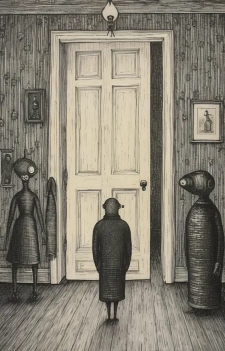 masterpiece,best quality,<lora:tbh276-sdxl:0.9>,illustration,style of Edward Gorey portrait of Housework robots