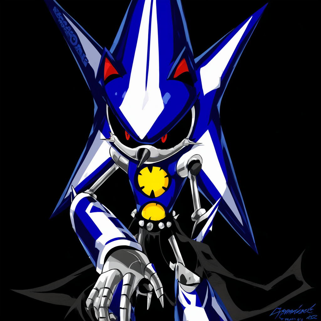 anthropomorphic character, robotic character. The character stands upright and is depicted against a plain, imposing presence, which is raised high. It has a blue and white color scheme, giving it a menacing, giving it a menacing expression., with a predominantly deep blue and metallic sheen. The head is shaped like a helmet, giving it a futuristic and menacing look. The head features a prominent, anthropomorphic character standing against a solid black background. The character