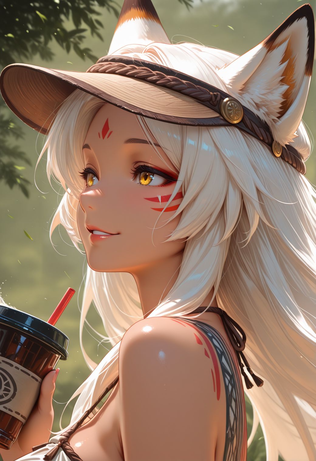 Smooth_Quality, tribal, 1girl, solo, mature female, fox girl, white hair, long hair, animal ears, yellow eyes, tribal sundress, visor hat, from side, face focus, wind, upper body, parted lips, smile, drink, holding,  <lora:Smooth_Booster:0.5>  <lora:Smooth_Tribal:1>