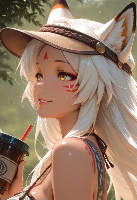 Smooth_Quality, tribal, 1girl, solo, mature female, fox girl, white hair, long hair, animal ears, yellow eyes, tribal sundress, visor hat, from side, face focus, wind, upper body, parted lips, smile, drink, holding, <lora:Smooth_Booster:0.5> <lora:Smooth_Tribal:1>