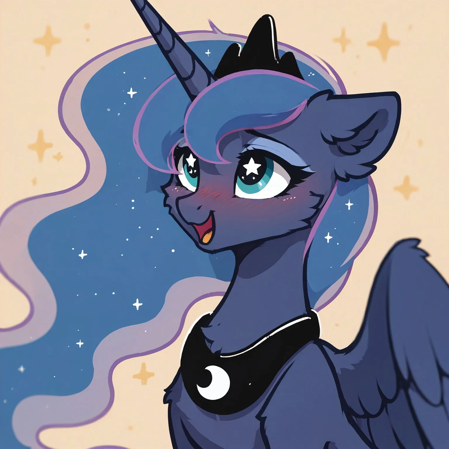 score_9, score_8_up, score_7_up, score_6_up, score_5_up, score_4_up, princess luna, alicorn, pony, blushing, bust, cheek fluff, cute, ear fluff, female, floppy ears, high res, leg fluff, mare, open mouth, solo, starry eyes, wing fluff, wingding eyes, two toned wings