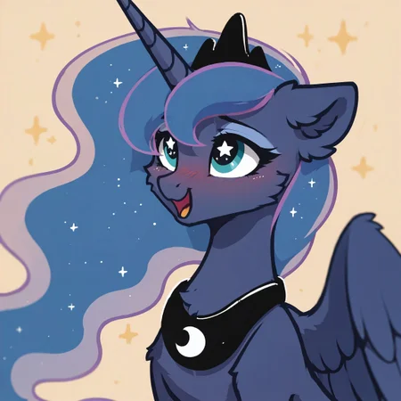 score_9, score_8_up, score_7_up, score_6_up, score_5_up, score_4_up, princess luna, alicorn, pony, blushing, bust, cheek fluff, cute, ear fluff, female, floppy ears, high res, leg fluff, mare, open mouth, solo, starry eyes, wing fluff, wingding eyes, two toned wings