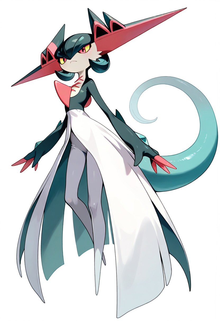 (masterpiece, best quality, high quality, highres), very awa, highres, absurdres,
pokemon, pokemon \(species\), (no humans:1.1), solo, full body,
(gardevoir:0.7), (dragapult:0.7),
simple white background,