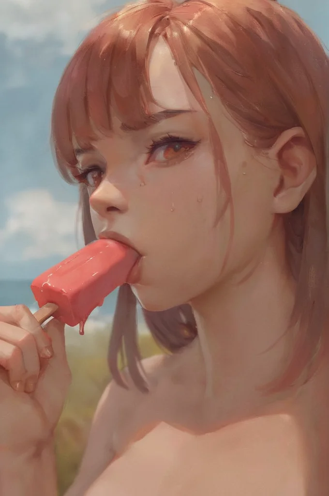 anime-style, (score_9, score_8_up, score_7_up, score_6_up), sweat 20yo woman, sucking a (red and yellow colored popsicles), looking at viewer, creamy dripping