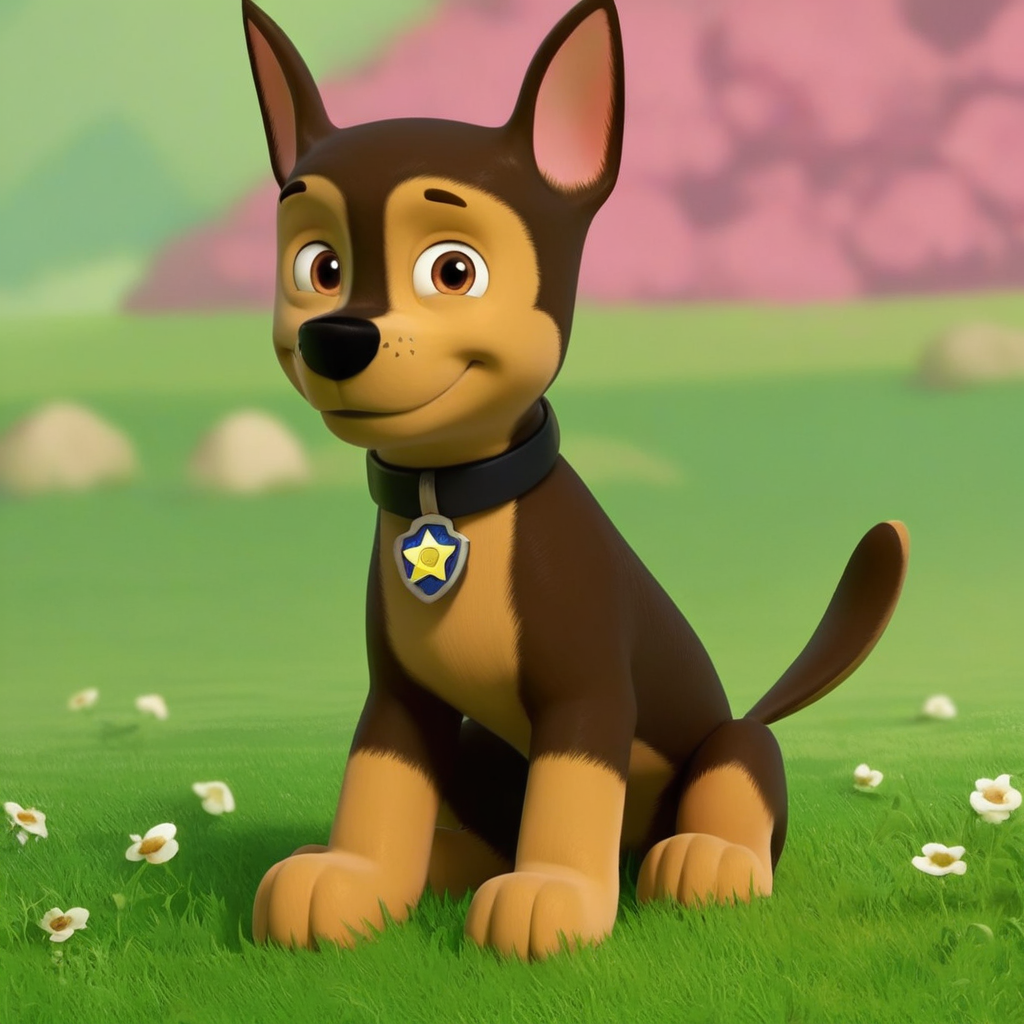 score_9, score_8_up, score_7_up, score_6_up, source_cartoon, Chase(PP), solo, 1boy, feral, German shepherd, dog, brown and tan fur, brown eyes, black nose, thin tail, black collar, star (symbol) tag, full body, looking at viewer, sitting, smile, sunny, grass field background,