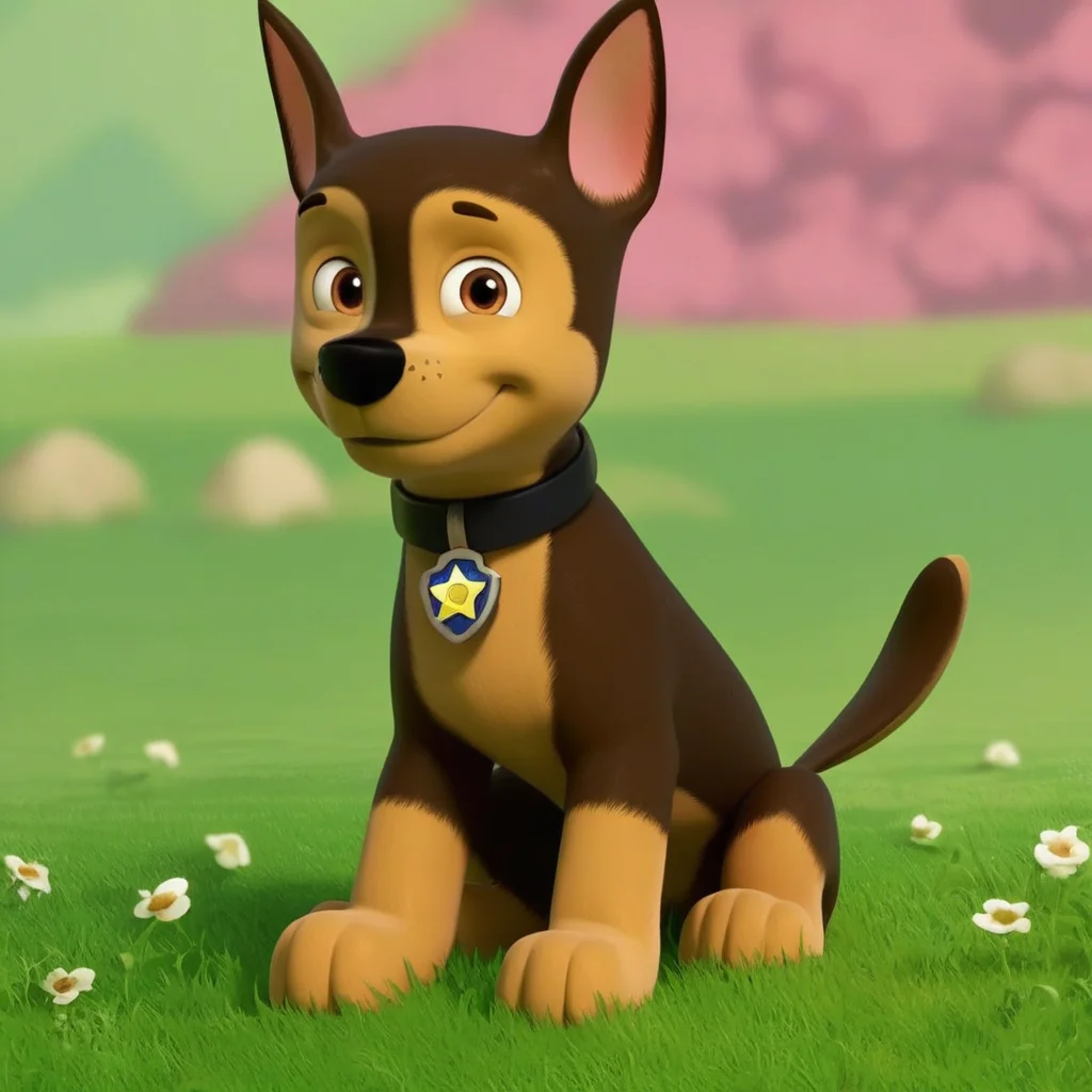 score_9, score_8_up, score_7_up, score_6_up, source_cartoon, Chase(PP), solo, 1boy, feral, German shepherd, dog, brown and tan fur, brown eyes, black nose, thin tail, black collar, star (symbol) tag, full body, looking at viewer, sitting, smile, sunny, grass field background,