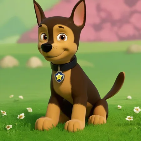 score_9, score_8_up, score_7_up, score_6_up, source_cartoon, Chase(PP), solo, 1boy, feral, German shepherd, dog, brown and tan fur, brown eyes, black nose, thin tail, black collar, star (symbol) tag, full body, looking at viewer, sitting, smile, sunny, grass field background,