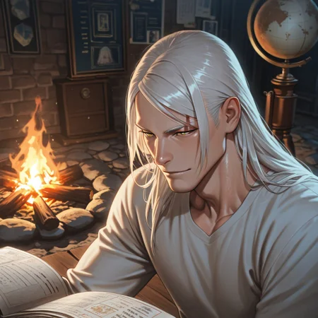 masterpiece, best quality, amazing quality, absurdres, newest, detailed background, definition so sharp, Ultra-HD, 8K cinematic, very awa, impressionate, amazing quality, highres,
solo, male focus, manly, shadow, shiny skin, mature male, extream close-up, soft coloring,
mitsuhisahachiya, mitsuhisa_grey hair, mitsuhisa_yellow eyes, 1boy, long hair, scar across eyebrow, traveler, storyteller, experienced_man, passport, globe, old_maps, campfire, foreign_city, cultural_exchange, engaging_smile, wise_eyes, comfortable_clothing, warm_atmosphere, listening_audience