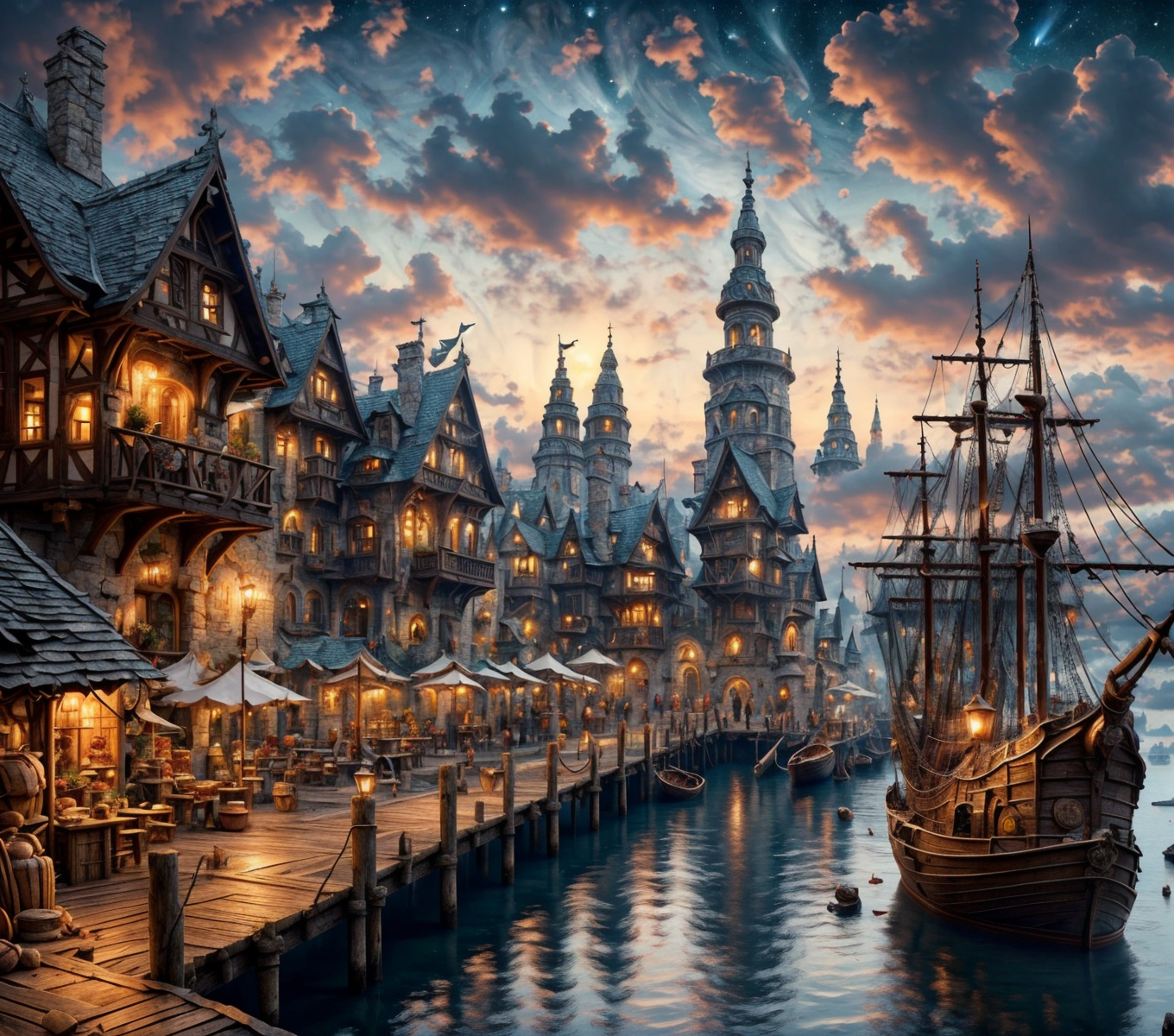 RAW photo, (masterpiece:1.3), subsurface scattering, heavy shadow, (high quality:1.4), (intricate, high detail:1.2), professional photography, HDR, High Dynamic Range, realistic, ultra realistic, photorealistic, high resolution, film photography, ambient lighting, atmospheric effects, <lora:detail_slider_v4:2>, OverallDetail,  <lora:HarborAndDocks:1>, barrel, building, cloud, cloudy sky, dock, fire, flag, full moon, hado, multiple boys, night sky, no humans, outdoors, pier, railing, scenery, sky, water