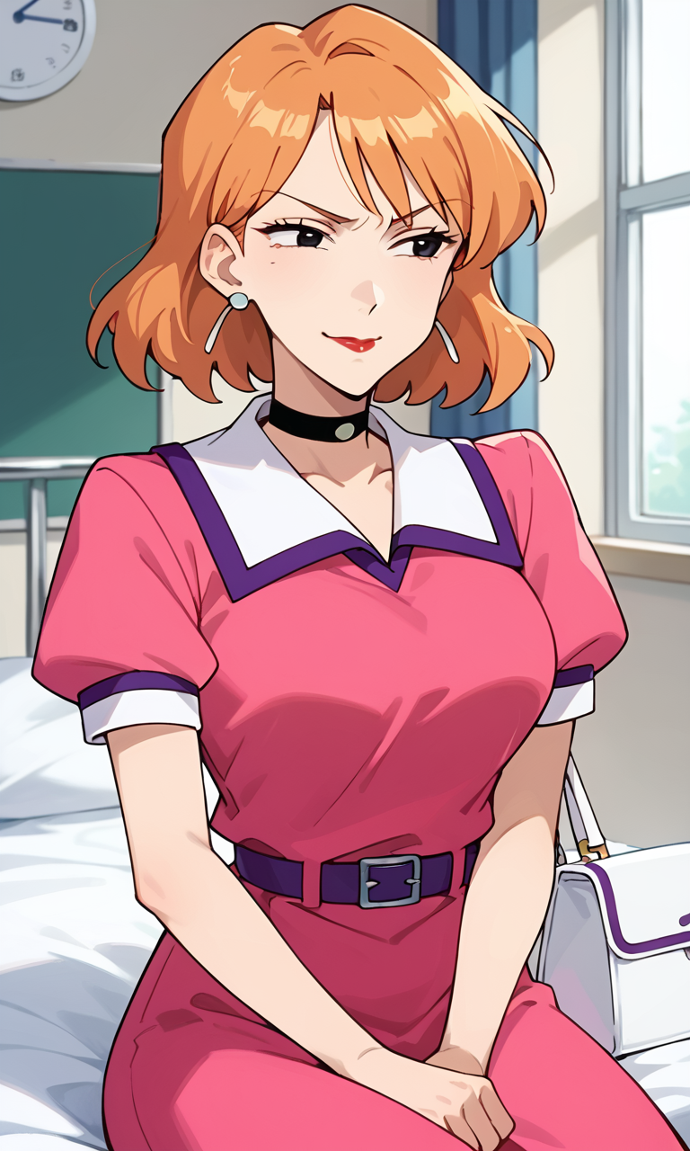 (1girl:1.5), (solo:1.3), (score_9, score_8_up, score_7_up, score_6_up, score_5_up, score_4_up), (source_anime), rating_questionable,
 <lora:matsuzaka-take_v1:0.8> (matsuzaka-take), (frown:1.3), (black eyes, eyelashes, orange hair, medium hair, bangs, earrings, red lips), (pink dress, collared dress, white collar, purple trim collar, puffy short sleeves, purple belt, black choker, white handbag), (large breasts),(smirk:1.2),cowboy shot,  (looking away:1.3),
indoors,  hospital bed, sitting,