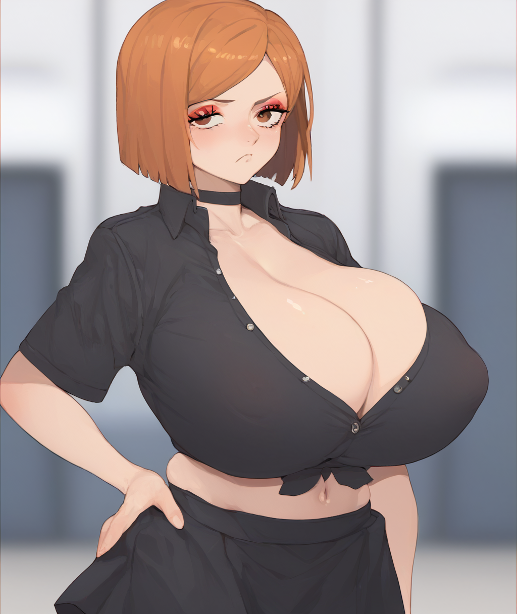 score_9,score_8_up,score_7_up, <lora:lumpypaca-000013:1> lumpypaca, 5_fingers,
1girl, breasts, shirt, solo, black shirt, hand on hip, blurry background, choker,  huge breasts, blurry, cleavage, short hair, short sleeves, one eye covered, bangs, looking at viewer, black choker, partially unbuttoned, collared shirt, (makeup:1.2), uniform, skirt, bob cut, employee uniform, necktie, large breasts, nipple through clothes, pout, 
kugisaki nobara,  jujutsu tech uniform, navel, breasts, skirt, short hair, orange hair, jacket, pantyhose, black jacket,  <lora:nobara-kugisaki-ponyxl-lora-nochekaiser:1>,