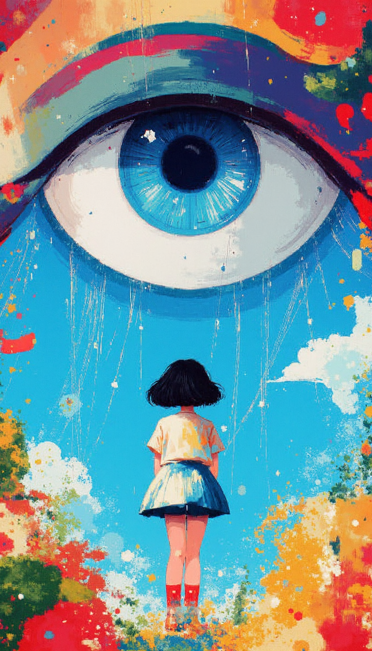 Juaner_illustration,minimalism,ArsMJStyle, Kawaii aesthetic, A cyberpunk girl with egregiously colorful apparel stands defiantly beneath a colossal, stylized eyeball framed by exaggerated, razor-sharp teeth. The image utilizes a vibrant, almost garish palette of electric blues, fiery reds, and pulsating pinks, reminiscent of cyberpunk aesthetics. Rendered in a highly stylized, semi-realistic manner, the girl is dwarfed by the monstrous eye, her small stature emphasizing the imposing nature of the structure above. The low-angle shot, reminiscent of German expressionism, further enhances the unsettling power dynamic.  Augment the background with labyrinthine metallic structures and a crimson sky to amplify the dystopian atmosphere.