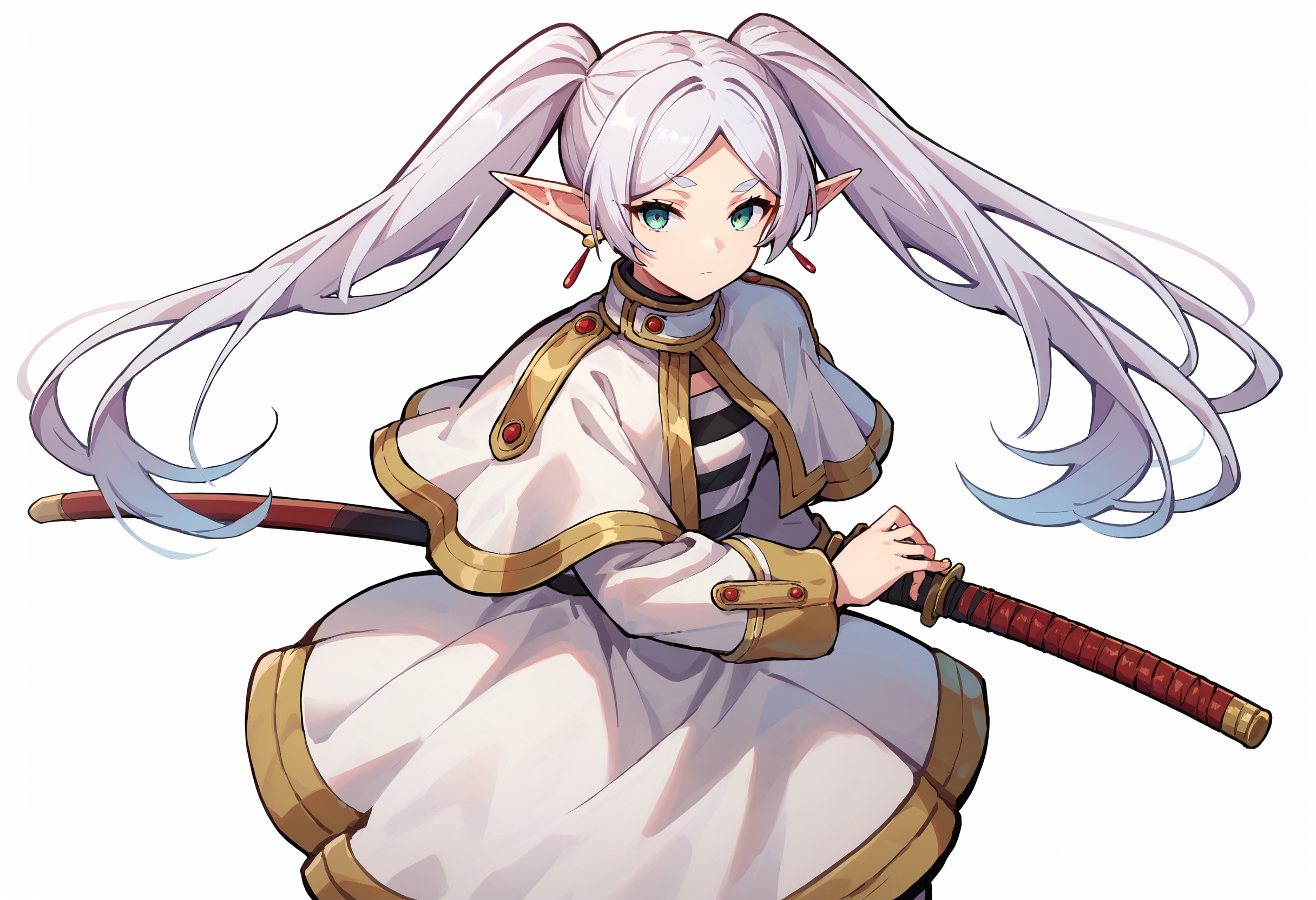 score_9_up score_8_up score_7_up, source_anime, 1girl, battoujutsu, looking at viewer,
BREAK
nereirfpnxl, frieren, 1girl, solo, pointy ears, twintails, very long hair, earrings, holding, jewelry, white background, capelet, elf, dress, simple background, white capelet, long sleeves, white dress, closed mouth, parted bangs, white hair
<lora:battoujutsu_stance_24retry_pony_rework_final_svd_d8:1>
<lora:others_frieren_nereirfpnxl_pony_v2:1>