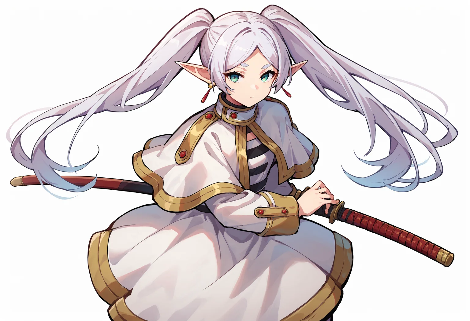 score_9_up score_8_up score_7_up, source_anime, 1girl, battoujutsu, looking at viewer,
BREAK
nereirfpnxl, frieren, 1girl, solo, pointy ears, twintails, very long hair, earrings, holding, jewelry, white background, capelet, elf, dress, simple background, white capelet, long sleeves, white dress, closed mouth, parted bangs, white hair
<lora:battoujutsu_stance_24retry_pony_rework_final_svd_d8:1>
<lora:others_frieren_nereirfpnxl_pony_v2:1>