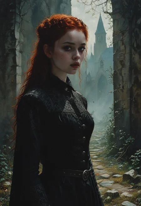 High resolution ultra-realistic of sinister Vampire warrior girl, Intricately Designed Shroud, A Vampire warrior girl clad in a black armor stands in a gloomy graveyard, head and shoulders portrait, wavy red hair, realistic red eyes, perfect athletic figure, handsome vampire pale bloody face, iconic vampire canine teeth, beautiful perfect detailed pupils, wet oily shiny skin, beautiful firm Breasts, defiant and seductive, 8k resolution concept art portrait by Greg Rutkowski, Dark Ages, Artgerm, WLOP, Alphonse Mucha dynamic lighting hyperdetailed intricately detailed Splash art trending on Artstation triadic colors Unreal Engine, 5 volumetric lighting, Cinematic Lighting, intricate, smooth, sharp focus digital painting, Asymmetrical Balance, hyperdetailed painting, dynamic lighting