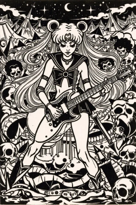 k1ooster black and white drawing of punk sailor moon playing a guitar at a heavy metal mosh pit, tattoos, piercing, <lora:Flux-Sch-SingleBlocks-BF16:1.0> <lora:Klooster.Noborder.5Cos.D8A4.R20E10:1.0><lora:796086267499740860:0>