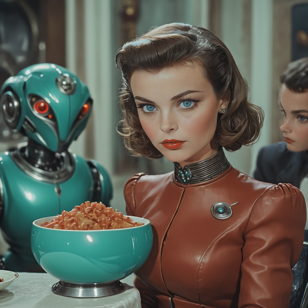 <lora:40sTechnicolorCyberpunkSDXL:1> ArsMovieStill, movie still from a technicolor 1940s cyberpunk film, The image shows a woman in a red dress sitting next to a robot with a bowl of food in front of them. The background is blurred giving the image a dreamy ethereal feel., 1girl, brown hair, looking at viewer, 1boy, realistic, blurry, short hair, lips, blurry background, blue eyes