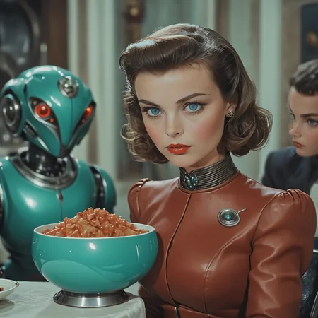 <lora:40sTechnicolorCyberpunkSDXL:1> ArsMovieStill, movie still from a technicolor 1940s cyberpunk film, The image shows a woman in a red dress sitting next to a robot with a bowl of food in front of them. The background is blurred giving the image a dreamy ethereal feel., 1girl, brown hair, looking at viewer, 1boy, realistic, blurry, short hair, lips, blurry background, blue eyes