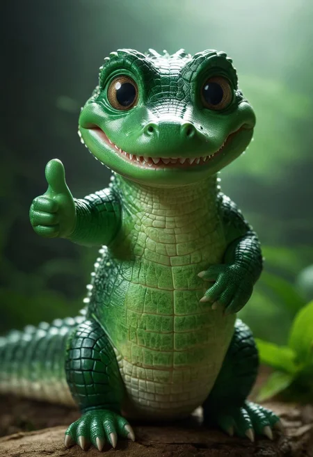 Closeup, thumb-up, Envision a whimsical fantasy world where a colossal cute, huge, and irresistibly mini crocodile takes center stage. Picture the carnivores with a mischievous charm, its translucent dark-green surface reflecting a soft glow. thumb up pose,
very detailed, hd, RAW photograph, masterpiece, top quality, best quality, official art,highest detailed, atmospheric lighting, cinematic composition, complex multiple subjects, 4k HDR, vibrant, highly detailed, Leica Q2 with Summilux 35mm f/1.2 ASPH, Ultra High Resolution, wallpaper, 8K, Rich texture details, hyper detailed, detailed eyes, detailed background, dramatic angle, epic composition, high quality , (8k, RAW photo, highest quality), hyperrealistic,