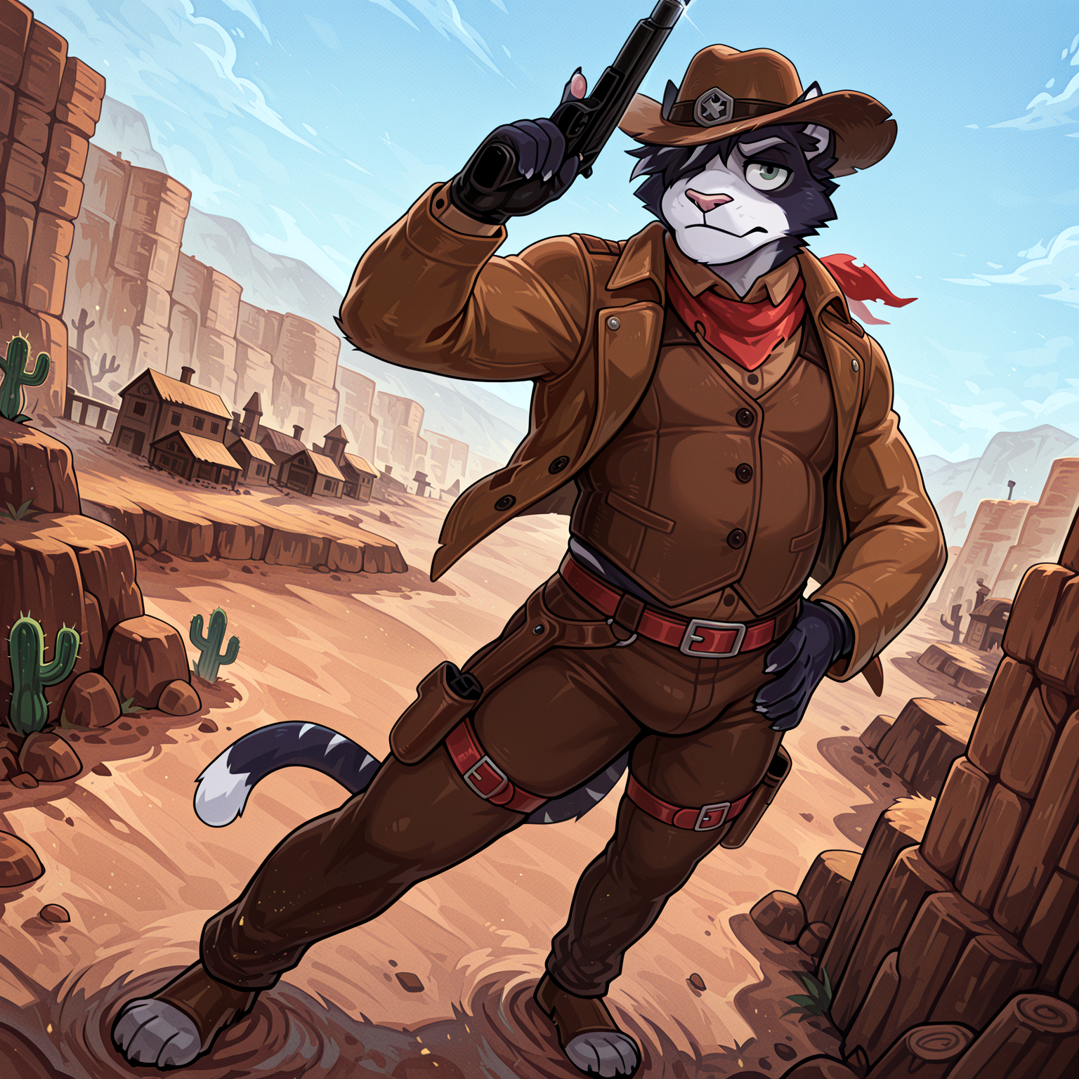 furry, 1boy, solo, male, cat boy, tuxedo cat, green eyes, animal nose, animal hands, cat tail, tail, striped tail, striped hair, striped fur, short hair, five fingers, slightly chubby, belt, belt buckle, black gloves, black hat, black pants, bracer, brown belt, brown jacket, brown shirt, brown vest, buttons, closed mouth, collared shirt, contrapposto, cowboy hat, gloves, grey eyes, gun, hand on own hip, hand up, hat, holding, holding gun, holding weapon, holster, jacket, legs apart, long sleeves, one eye covered, open clothes, open jacket, outdoors, pants, red belt, red scarf, scarf, shirt, thigh belt, thigh holster, thigh strap, torn clothes, torn scarf, unbuttoned, vest, weapon, wing collar, looking at viewer, three quarter view, full body, dynamic angle, dynamic pose, dynamic composition, best quality, amazing quality, very aesthetic, absurdres, newest, depth of field, separate focus, masterpiece, highres, 4k, intricate details, detailed background, wild west, desert, town, cactus, cliffs, rocks, kumak, jaysercap, <lora:Jayce_Sercap:0.7>, <lora:kumak2_r1:1>, <lora:add-detail-xl:0.5>,<lora:Expressive_H:0.2>, <lora:spo_sdxl_10ep_4k-data_lora_webui:0.2>, <lora:sdxlVAE_sdxlVAE:0.1>, <lora:noobai_ep11_stabilizer_v0.138_fp16:0.3>, <lora:noobaiXLNAIXL_epsilonPred11Version-lora:0.1>, <lora:Smooth_Booster_v2:0.5>, <lora:sharpspectrumvaexl_v1:0.4>, <lora:bdbgil:0.8>
