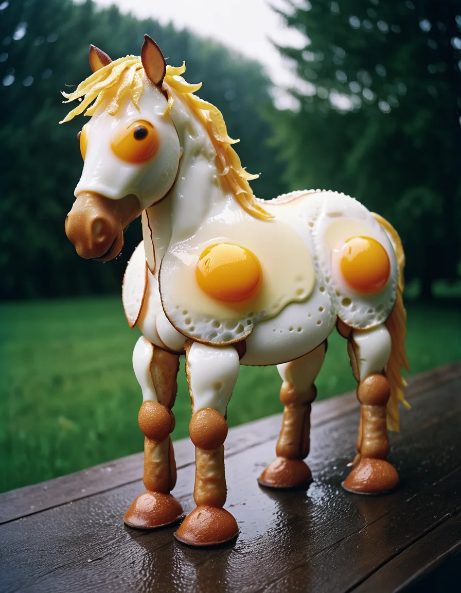 Photograph, "A horse with no name, it felt good to be out of the rain.", stylized by Lev Lagorio, Kodak UltraMax 400, 50mm, photorealism, made out of ral-friedegg <lora:ral-friedegg:0.8>, advanced cinematic perfect light, fertile, contemporary fine detail, gorgeous, glossy, intense