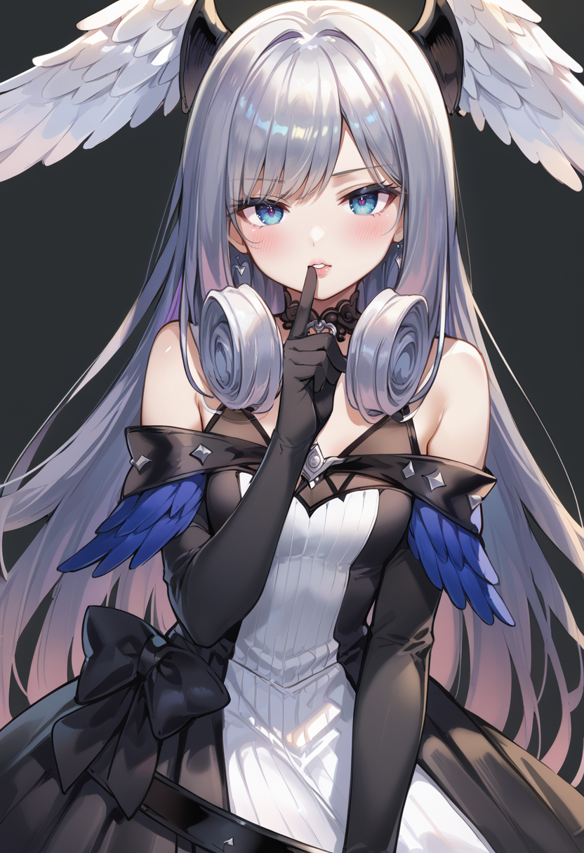 (score_9:0.9),score_8_up,score_7_up,rating_safe,anime style,(zPDXL),<lora:XB3 Melia Antiqua ponyXL v1:0.74>, melia antiqua xb3, 1girl, solo, black dress, black elbow gloves, simple background, looking at viewer, blush, finger to mouth, bare shoulders, black choker