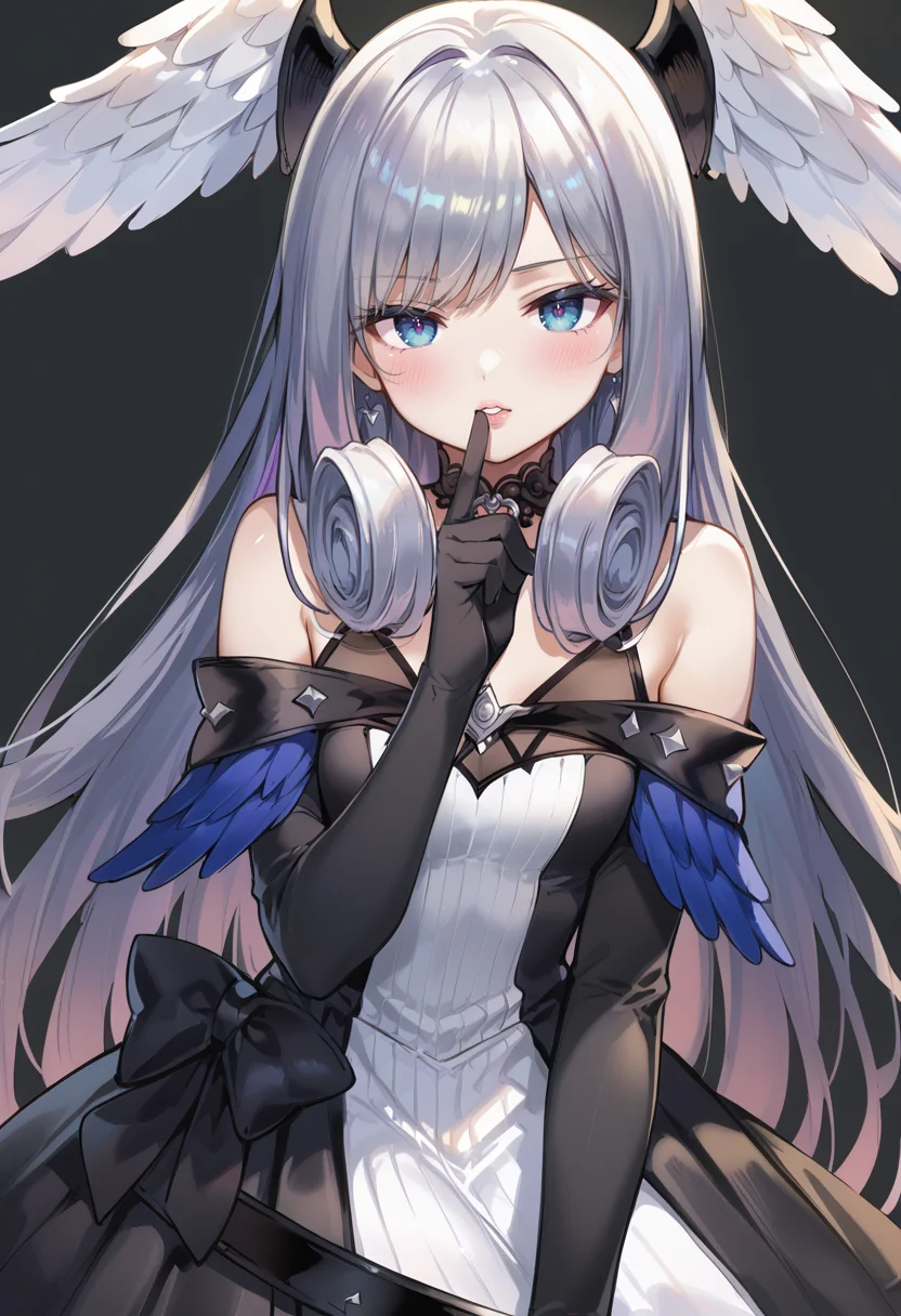 (score_9:0.9),score_8_up,score_7_up,rating_safe,anime style,(zPDXL),<lora:XB3 Melia Antiqua ponyXL v1:0.74>, melia antiqua xb3, 1girl, solo, black dress, black elbow gloves, simple background, looking at viewer, blush, finger to mouth, bare shoulders, black choker