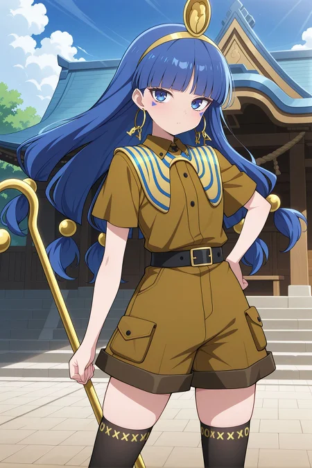absurdres, highres, masterpiece, best quality, amazing quality, official anime artwork, screencap, anime screencap, outdoors, looking at viewer, dynamic pose, 
 <lora:Nareko-Michigami_Illustrious:1> michigami nareko, 1girl, solo, blue eyes, blue hair, low-tied long hair, blunt bangs, triangle facial mark,, gold headdress, hair ornament, hoop earrings, usekh collar, gold jewelry, brown shirt, gold armlet, brown shorts, black thighhighs, holding cane, ankh, scepter, 
day, shrine,