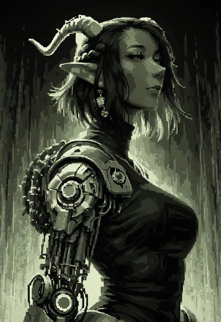 score_9, score_8_up, score_8, female, cel-shading, backlit, delicate features, short hair, (braided hair), black hair, upper body, from waist up, big breasts, horns,  techwear, cyborg, pointy elf ears, rainbow hair, short hair, black background, techwear, LFB, street in background, pixel, green theme, monochrome,