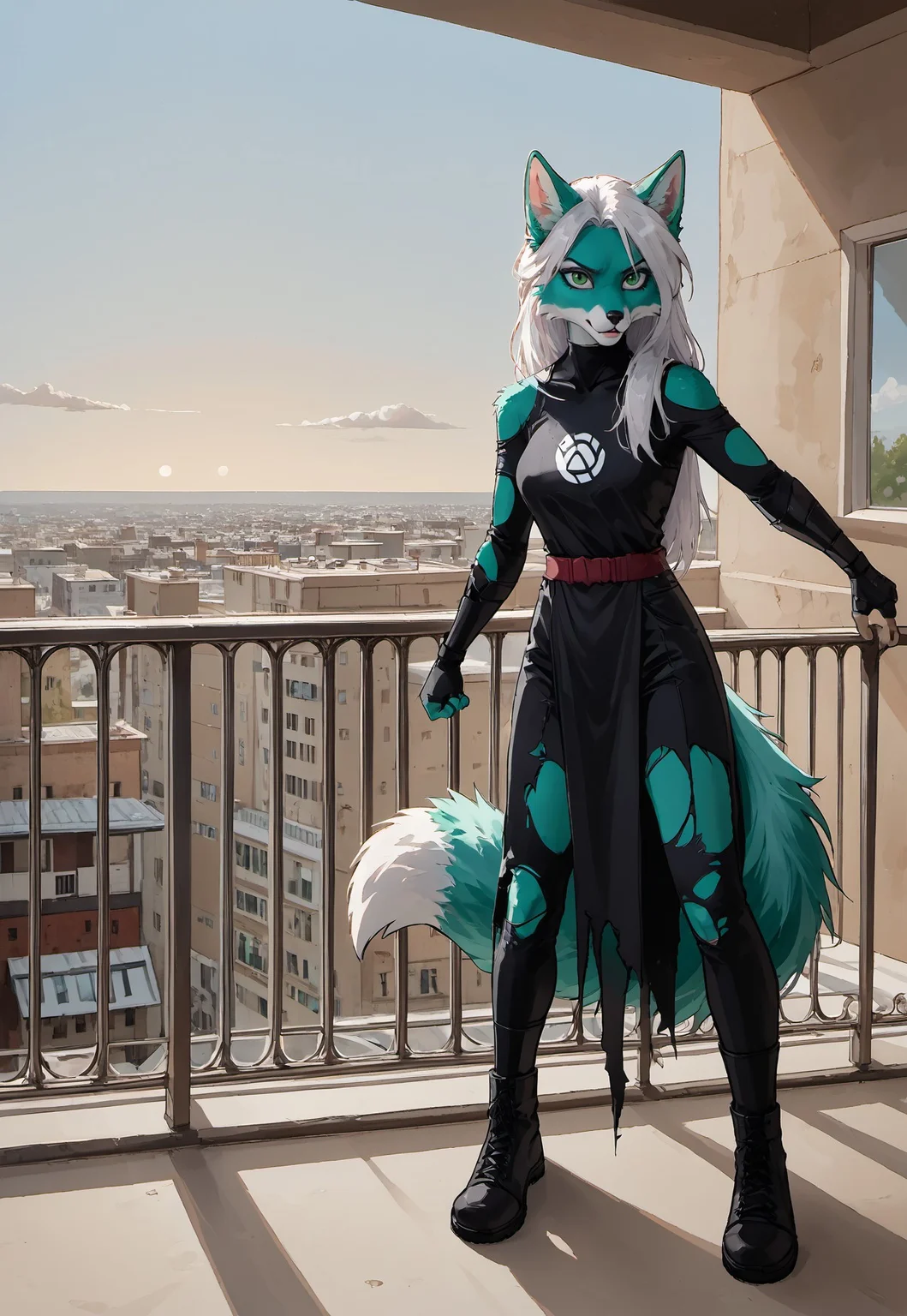 Anthropomorphic. Turquoise fluffy fox (full length), long white hair, (standing on the balcony (at dawn)), grinning, holding his shoulder. with green eyes and vertical pupils. woman. Torn modern clothes (due to a fight). The Orphen sirius style. JuliaTDC Style~ArtS