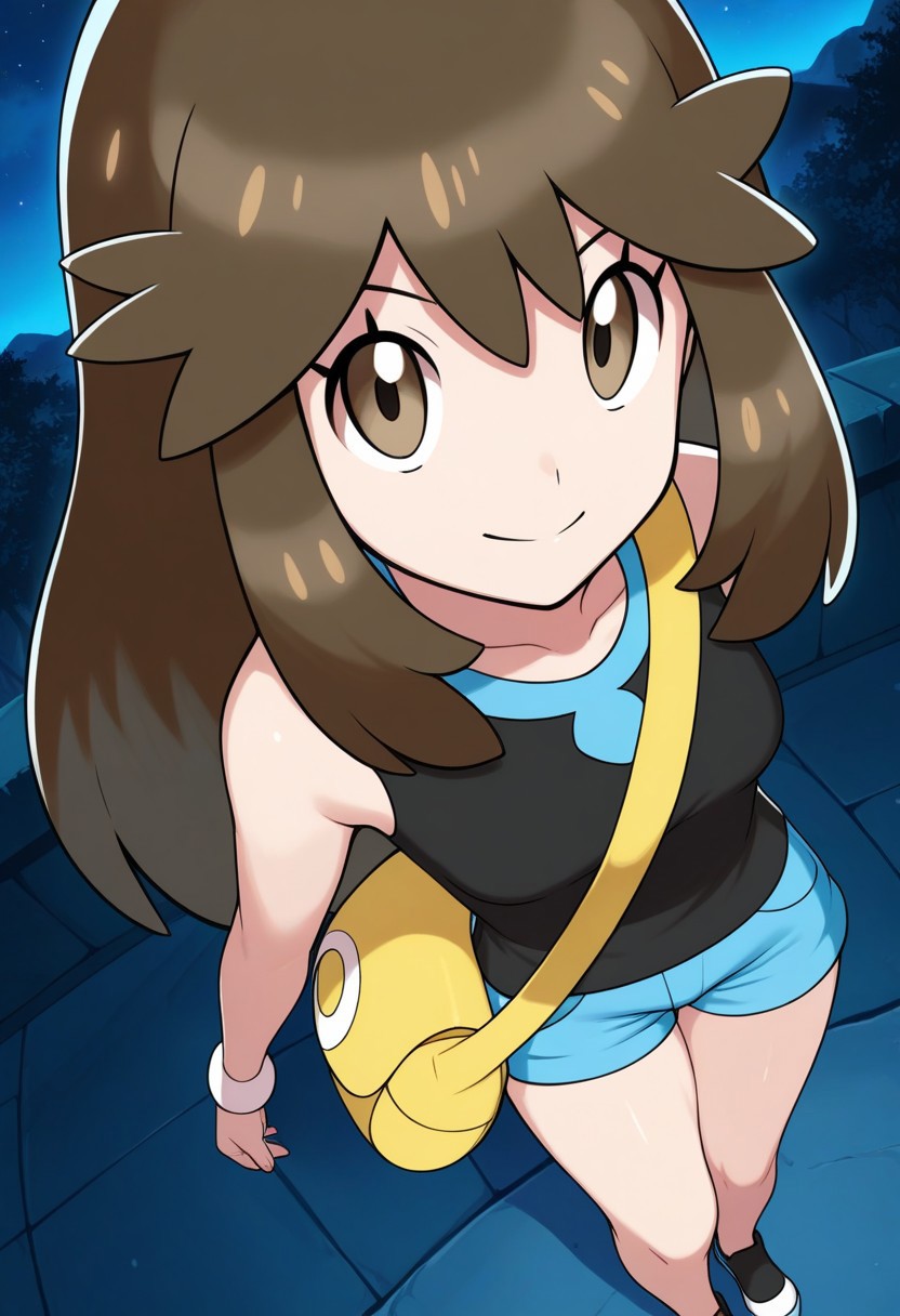 2d, masterpiece, best quality, amazing quality, 1girl, solo, close-up, standing, smile, upper body, from above, dutch angle, looking at viewer, night, moonlight, sky,  lgpegreen, green \(pokemon\), brown eyes, eyelashes, long hair, bangs, brown hair, sidelocks, black shirt, sleeveless shirt, blue shorts, short shorts, shoes, black footwear, bare legs, shoulder bag, yellow bag