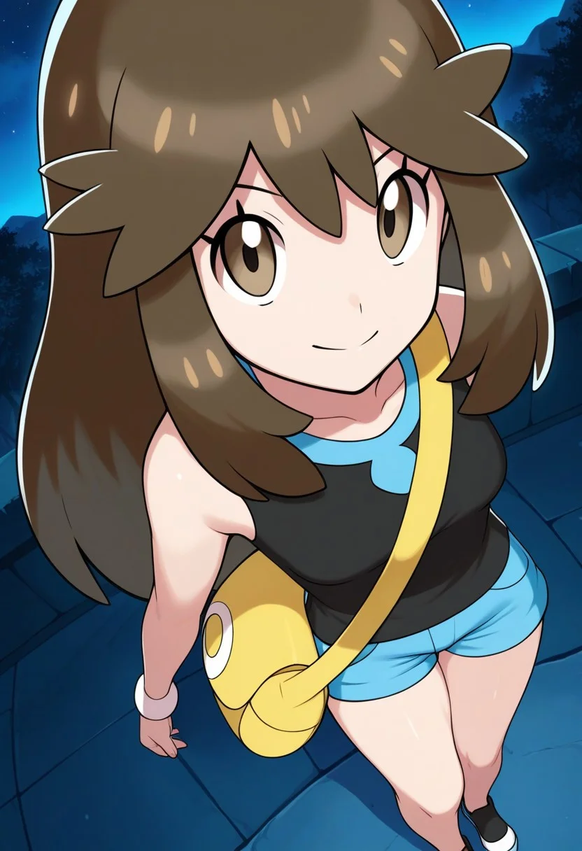 2d, masterpiece, best quality, amazing quality, 1girl, solo, close-up, standing, smile, upper body, from above, dutch angle, looking at viewer, night, moonlight, sky, lgpegreen, green \(pokemon\), brown eyes, eyelashes, long hair, bangs, brown hair, sidelocks, black shirt, sleeveless shirt, blue shorts, short shorts, shoes, black footwear, bare legs, shoulder bag, yellow bag